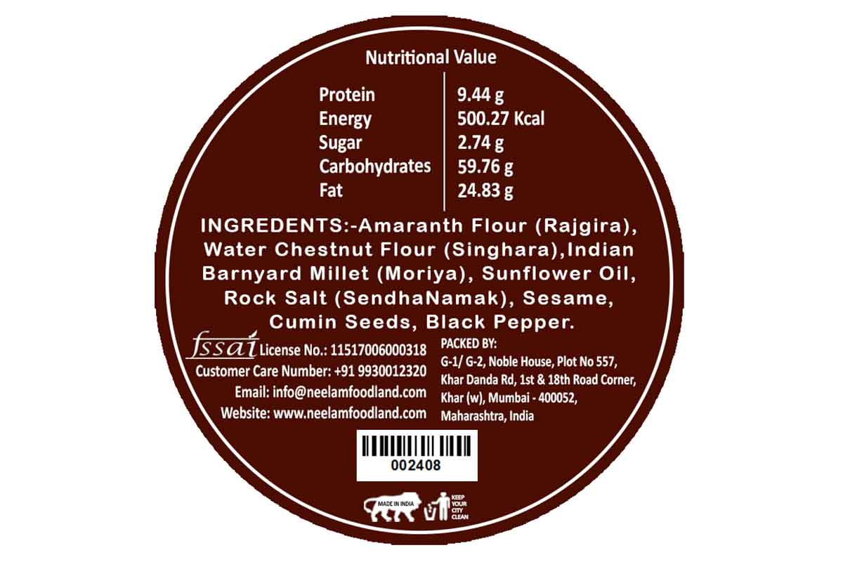 Gluten Free Farali Jeera Black Pepper Bhakri 200 Gm