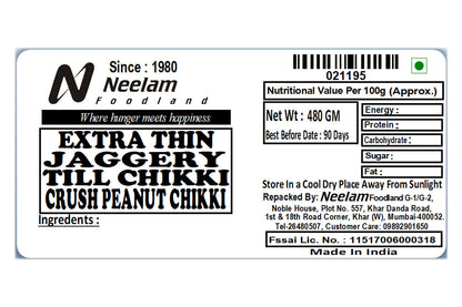 Extra Thin Jaggery Crush Peanut Till Chikki 480 Gm