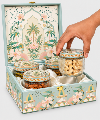 4 Jar Ladger Plam Design Dryfruit Gift Hamper Box 675 Gm