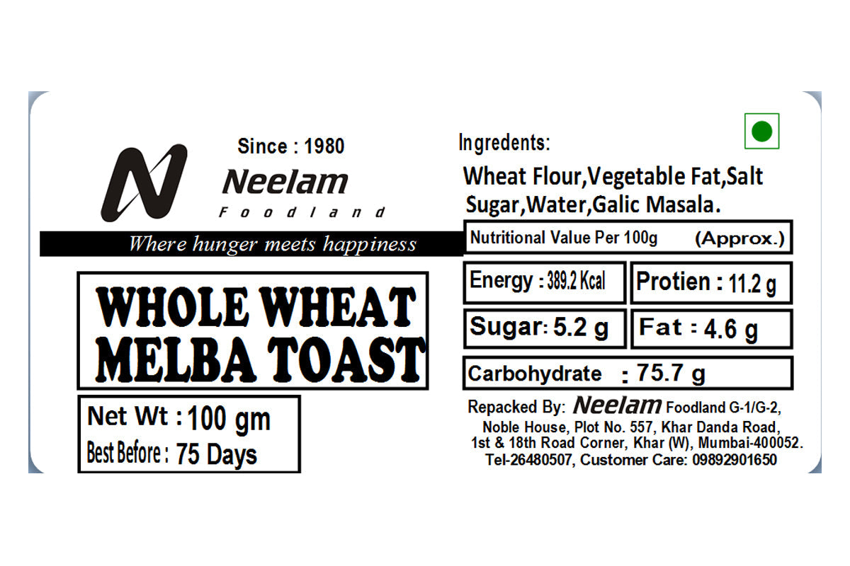 Whole Wheat Melba Toast 100 Gm